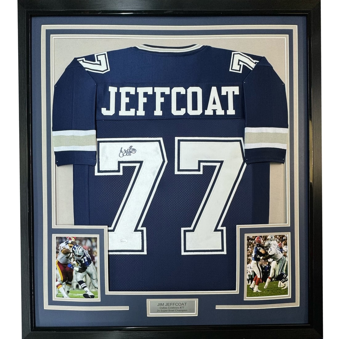 Jim Jeffcoat autographed framed Dallas Cowboys blue jersey JSA 35x39: Jim Jeffcoat autographed framed Dallas Cowboys blue jersey JSA 35x39 Professionally framed and matted signed Jim Jeffcoat Dallas Cowboys blue jersey display with two 5x7 photos. This original autograp