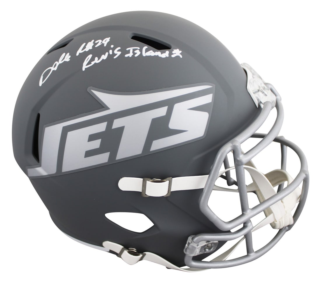 Darrelle Revis signed New York Jets slate speed replica helmet BAS: Darrelle Revis signed New York Jets slate speed replica helmet BAS Autographed full-size Speed replica helmet signed by Darrelle Revis and inscribed "Revis Island." This alternate slate Riddell helmet