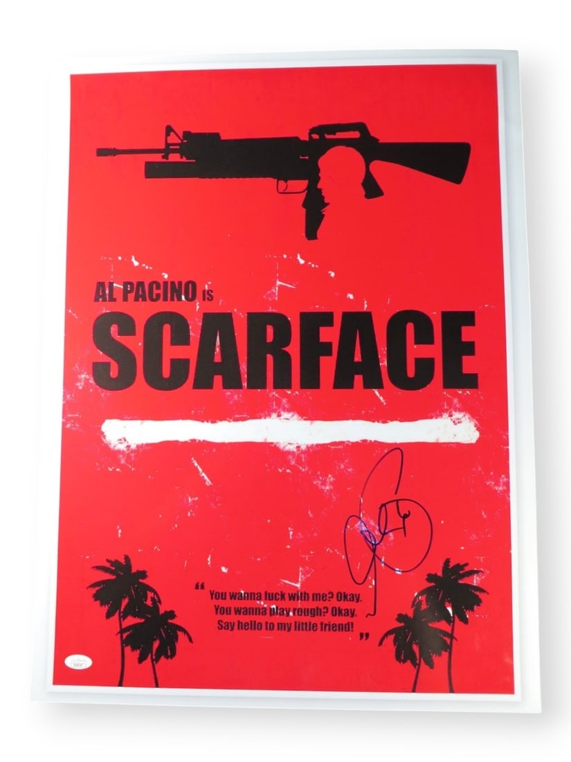 Al Pacino autographed 18X24 Scarface photo with JSA LOA: Al Pacino autographed 18X24 Scarface photo with JSA LOA Original Al Pacino signed photograph featuring a Scarface poster image. The autograph is authenticated by James Spence (JSA). This is an origina