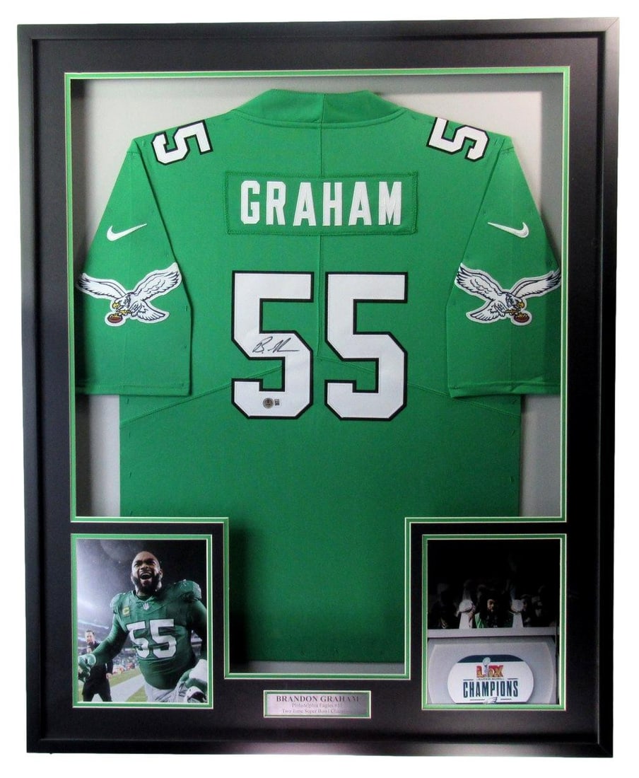 Brandon Graham Autographed Framed Eagles Jersey Beckett Authenticated: Brandon Graham Autographed Framed Eagles Jersey Beckett Authenticated Celebrate your passion for football with this exceptional Brandon Graham Signed Philadelphia Eagles Kelly Green Jersey, beautifull