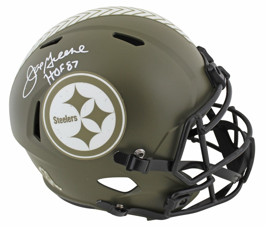 BAS Witnessed Joe Greene Signed Steelers STS Speed Replica Helmet HOF 87: BAS Witnessed Joe Greene Signed Steelers STS Speed Replica Helmet HOF 87 Autographed Riddell full size Speed replica helmet in the Alternate Salute to Service design, personally signed by Joe Greene a