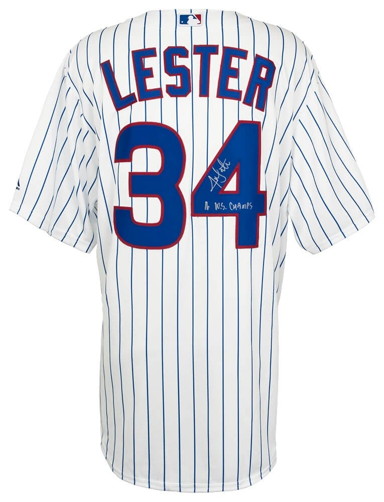 Jon Lester Signed Cubs Jersey with 2016 Champs Inscription: Jon Lester Signed Cubs Jersey with 2016 Champs Inscription Celebrate your love for the Chicago Cubs with this signed Jon Lester white pinstripe Majestic replica baseball jersey. This original item fea