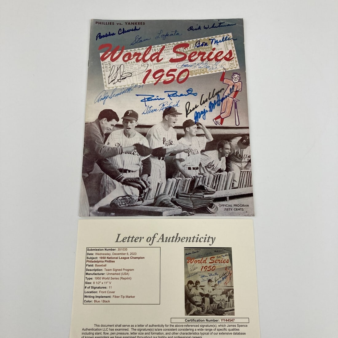 1950 Philadelphia Phillies Whiz Kids Signed World Series Program JSA COA: 1950 Philadelphia Phillies Whiz Kids Signed World Series Program JSA COA This original 1950 Philadelphia Phillies "Whiz Kids" team signed World Series program is a must-have for any baseball enthusias