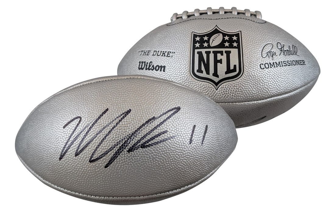 Wilson Replica Duke Metallic Silver Football signed by Micah Parsons: Wilson Replica Duke Metallic Silver Football signed by Micah Parsons Pre-owned Wilson Replica Duke metallic silver NFL football, hand-signed by Micah Parsons. The listing identifies this as an origina