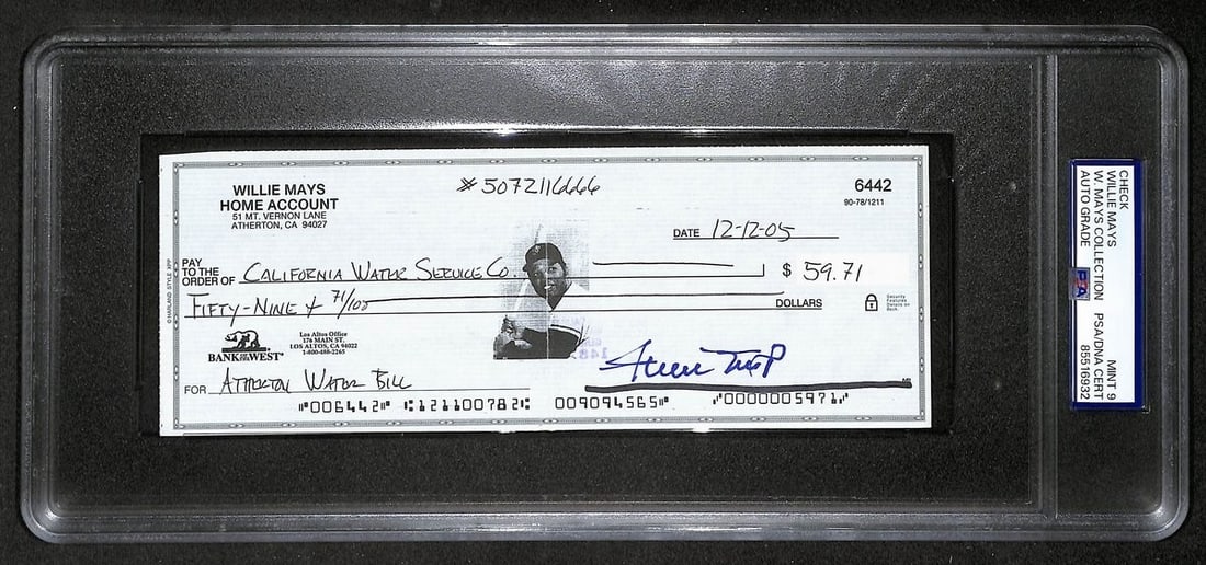 2005 Willie Mays HOF Autographed Bank Check PSA DNA Mint 9: 2005 Willie Mays HOF Autographed Bank Check PSA DNA Mint 9 Original 2005 bank check signed by Willie Mays. The autograph is authenticated by PSA/DNA, graded MINT 9, and encapsulated in a tamper-proof 