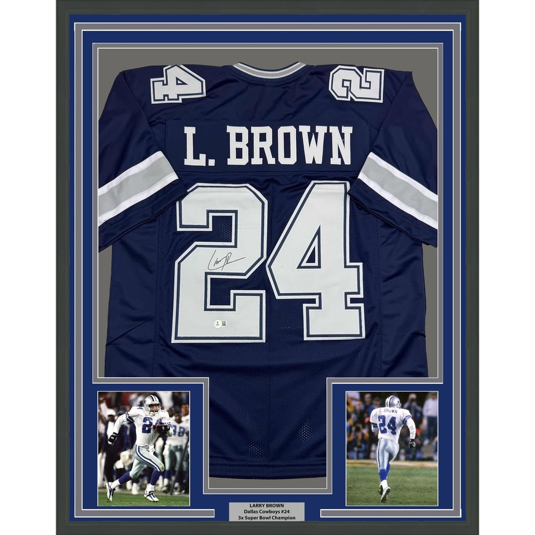 Larry Brown signed Dallas Cowboys blue framed jersey 35x39 JSA: Larry Brown signed Dallas Cowboys blue framed jersey 35x39 JSA Professionally framed autographed Larry Brown Dallas blue jersey, matted with two 5x7 photos and ready to hang. This original signed foot