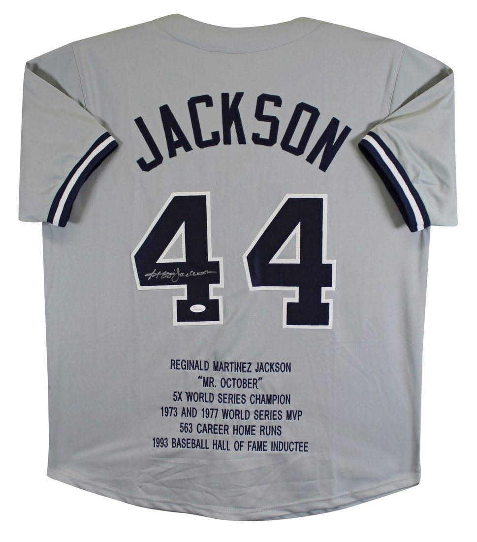 Reggie Jackson signed gray stat jersey New York Yankees JSA Witness (1 of 3)