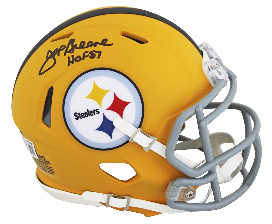 Pittsburgh Steelers Joe Greene signed mini helmet HOF 87 BAS: Pittsburgh Steelers Joe Greene signed mini helmet HOF 87 BAS This Pittsburgh Steelers 2025 On-Field Alternate Speed Mini Helmet features the authentic signature of Joe Greene, including the "HOF 87" i
