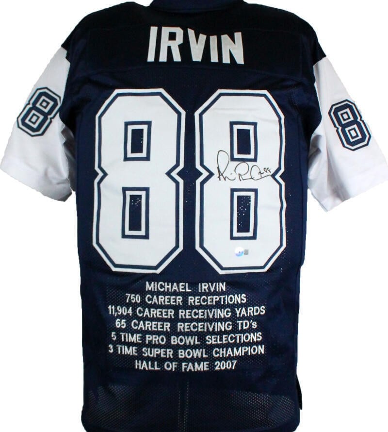 Signed Michael Irvin Pro Style Football Jersey Beckett Witnessed: Signed Michael Irvin Pro Style Football Jersey Beckett Witnessed This is an original Michael Irvin autographed blue and white pro style football jersey for the Dallas Cowboys. The jersey is pre-owned 