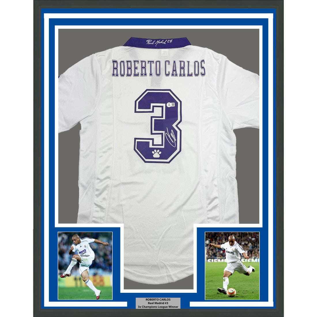 Framed Roberto Carlos Autographed Real Madrid Jersey Beckett COA: Framed Roberto Carlos Autographed Real Madrid Jersey Beckett COA Celebrate the legacy of Roberto Carlos with this professionally framed and matted Real Madrid jersey. Measuring an impressive 35x39 inc