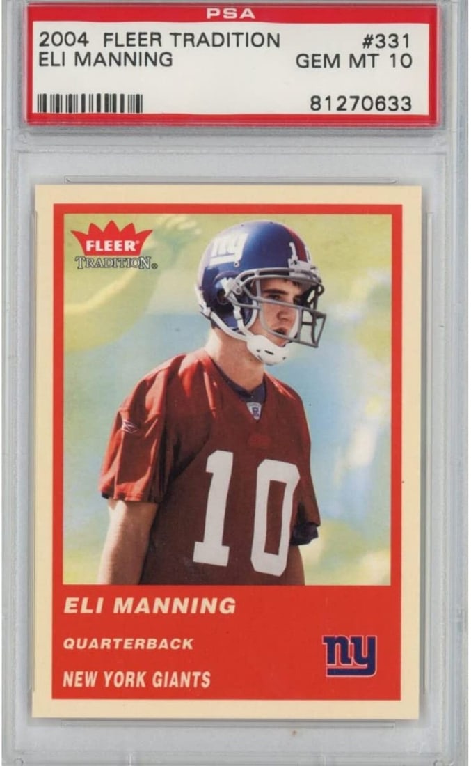 2004 Fleer Tradition Eli Manning Rookie Card PSA 10 Gem Mint NFL: 2004 Fleer Tradition Eli Manning Rookie Card PSA 10 Gem Mint NFL This 2004 Fleer Tradition Eli Manning #331 Rookie RC Football Card is graded PSA 10 Gem Mint, ensuring its premium condition and authen