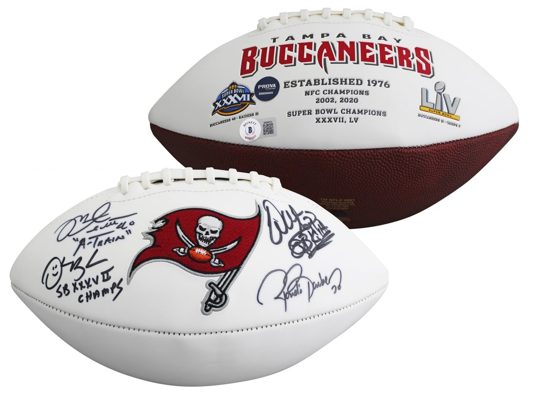 Beckett witnessed Buccaneers logo football signed by Sapp Barber Alstott Brooks: Beckett witnessed Buccaneers logo football signed by Sapp Barber Alstott Brooks Autographed Rawlings white panel logo football signed by Warren Sapp, Ronde Barber, Mike Alstott, and Derrick Brooks of 