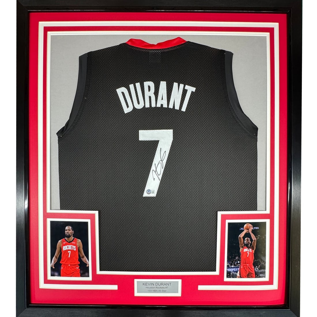 Kevin Durant signed Houston Rockets framed black jersey Beckett COA 35x39: Kevin Durant signed Houston Rockets framed black jersey Beckett COA 35x39 Professionally framed and matted original black Houston Rockets jersey signed by Kevin Durant. This pre-owned display includes
