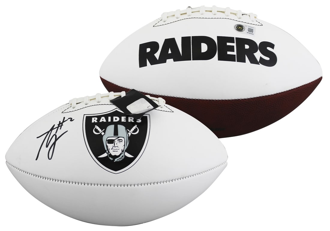Ashton Jeanty autographed Raiders Franklin logo football Beckett witnessed: Ashton Jeanty autographed Raiders Franklin logo football Beckett witnessed Original autographed Franklin white panel logo football personally signed by Ashton Jeanty of the Las Vegas Raiders. This BAS