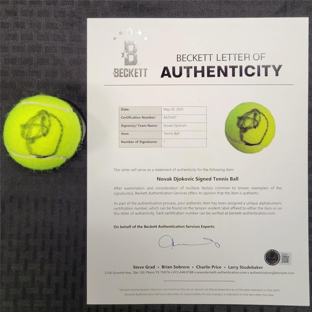 Novak Djokovic Signed Tennis Ball Beckett Authenticated Wimbledon Champ: Novak Djokovic Signed Tennis Ball Beckett Authenticated Wimbledon Champ This is an original tennis ball autographed by Novak Djokovic, the renowned US Wimbledon Champion. The autograph is