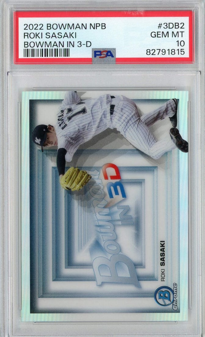 2022 Bowman NPB Roki Sasaki #3DB2 3-D RC Baseball Card PSA 10: 2022 Bowman NPB Roki Sasaki #3DB2 3-D RC Baseball Card PSA 10 This is a graded 2022 Bowman NPB Roki Sasaki #3DB2 Bowman In 3-D rookie card, rated PSA 10 by Professional Sports Authenticator (PSA).
