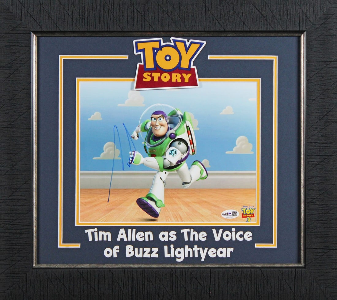 Framed 8x10 Toy Story Photo Signed by Tim Allen JSA: Framed 8x10 Toy Story Photo Signed by Tim Allen JSA Pre-owned framed 8x10 horizontal running photo from Toy Story, personally signed by Tim Allen. The autograph is authenticated by JSA and includes a 