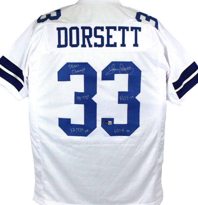 Tony Dorsett Autographed Football Jersey 5 Stats Beckett Hologram: Tony Dorsett Autographed Football Jersey 5 Stats Beckett Hologram This is a pre-owned Tony Dorsett signed white pro style football jersey featuring the Dallas Cowboys team name and five stats. The aut