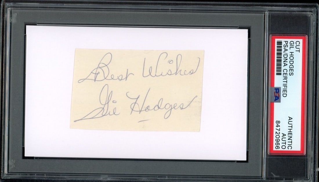 PSA DNA Certified Gil Hodges HOF Signed 3x5 Index Card Brooklyn Dodgers: PSA DNA Certified Gil Hodges HOF Signed 3x5 Index Card Brooklyn Dodgers Original Gil Hodges Hall of Fame autographed and inscribed cut on a 3x5 index card. The piece is authenticated by PSA/DNA and en