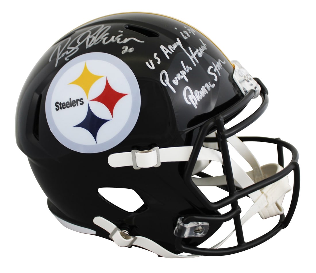 Pittsburgh Steelers Rocky Bleier Signed Full Size Helmet with Inscriptions BAS Witnessed: Pittsburgh Steelers Rocky Bleier Signed Full Size Helmet with Inscriptions BAS Witnessed This autographed Riddell Full Size Speed Replica Helmet is a remarkable collectible signed by Rocky Bleier, a n