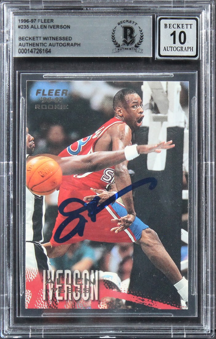 Allen Iverson Signed 1996 Fleer Rookie Card Gem Mint 10 BAS: Allen Iverson Signed 1996 Fleer Rookie Card Gem Mint 10 BAS This is an autographed 1996 Fleer #235 Rookie Card featuring Allen Iverson, a legendary player from the Philadelphia 76ers. Graded Gem Mint 