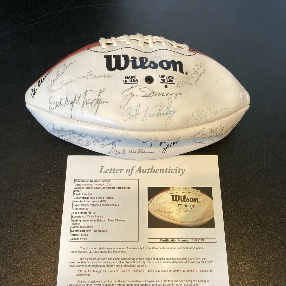 Football Signed by 24 Super Bowl XXI Attendees Joe Dimaggio Stan Musial JSA Certified: Football Signed by 24 Super Bowl XXI Attendees Joe Dimaggio Stan Musial JSA Certified This is an original football signed by 24 attendees of Super Bowl XXI, featuring notable signatures including Joe 