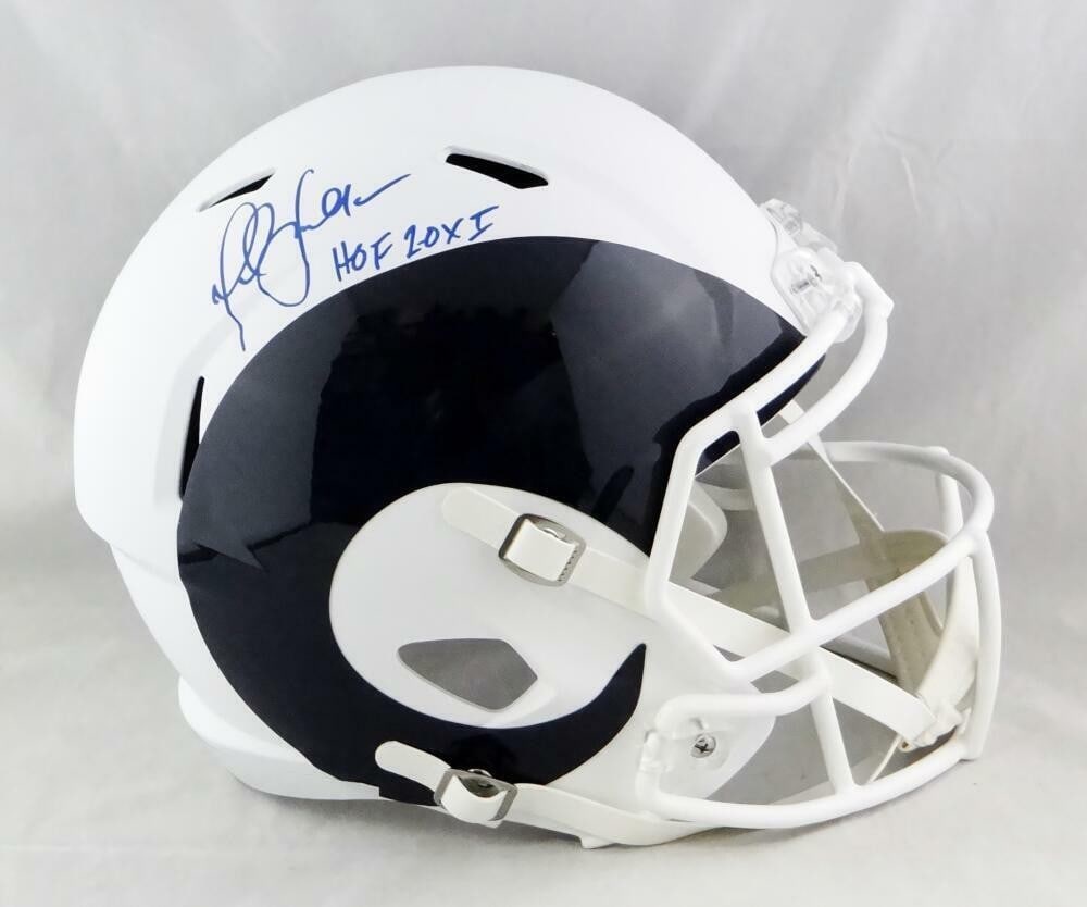 Marshall Faulk autographed Rams AMP Speed helmet Beckett HOF: Marshall Faulk autographed Rams AMP Speed helmet Beckett HOF This is a Los Angeles Rams full-size AMP Speed helmet, hand-signed by Marshall Faulk. The helmet features his Hall of Fame inscription and 