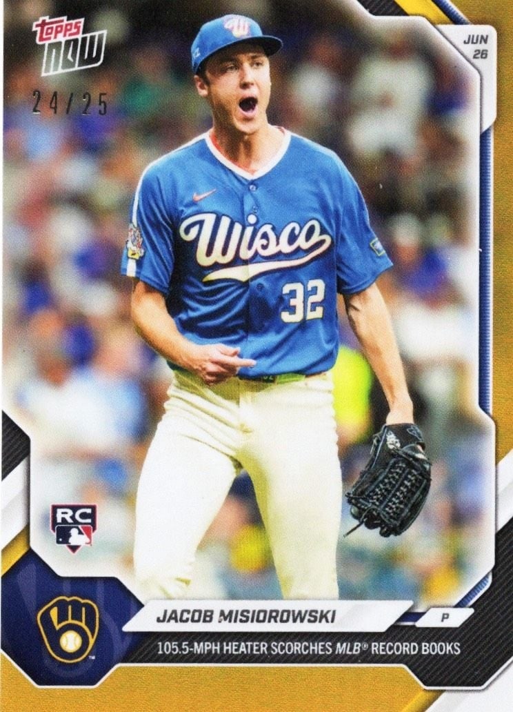 Topps Now #383 Jacob Misiorowski RC Orange Foil /25 Brewers Card: Topps Now #383 Jacob Misiorowski RC Orange Foil /25 Brewers Card 2026 Topps Now Jacob Misiorowski #383 Orange Foil /25 rookie baseball card. This pre-owned sports trading card features the Milwaukee B