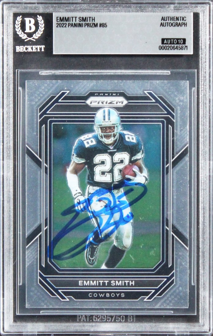 Beckett Authenticated Emmitt Smith 2022 Panini Prizm 85 Autograph Card GM 10: Beckett Authenticated Emmitt Smith 2022 Panini Prizm 85 Autograph Card GM 10 Original 2022 Panini Prizm #85 football card signed by Emmitt Smith of the Dallas Cowboys. The card is slabbed by Beckett A