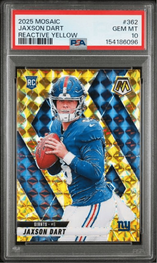 PSA 10 Jaxson Dart 2025 Panini Mosaic #362 Reactive Yellow Rookie Card: PSA 10 Jaxson Dart 2025 Panini Mosaic #362 Reactive Yellow Rookie Card Graded 2025 Panini Mosaic Jaxson Dart #362 Reactive Yellow RC sports trading card. This pre-owned card is encapsulated and graded