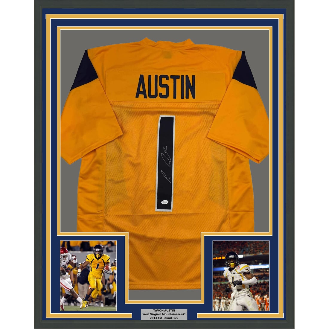 Tavon Austin Signed West Virginia Jersey Display 35x39 Framed with JSA Authentication: Tavon Austin Signed West Virginia Jersey Display 35x39 Framed with JSA Authentication This professionally framed and matted display features a signed Tavon Austin West Virginia Mountaineers yellow jer