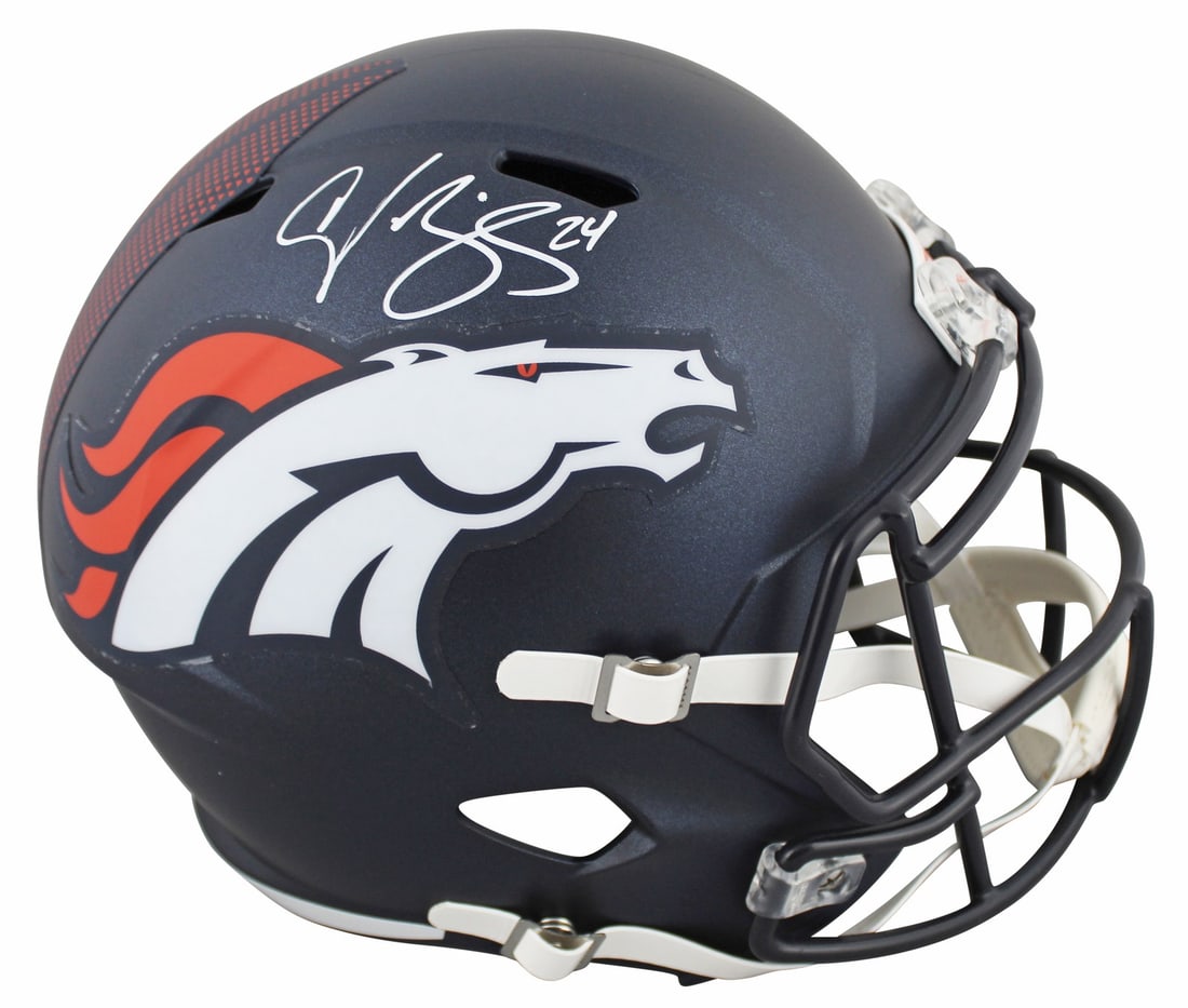 Champ Bailey Autographed Denver Broncos Full Size Replica Helmet BAS Witness: Champ Bailey Autographed Denver Broncos Full Size Replica Helmet BAS Witness This full-size Riddell Speed Replica helmet features a white signature from Champ Bailey of the Denver Broncos. The autogra