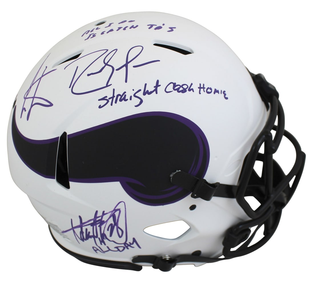 Minnesota Vikings Lunar Speed Pro Helmet Triple Signed by Moss Carter Peterson Beckett: Minnesota Vikings Lunar Speed Pro Helmet Triple Signed by Moss Carter Peterson Beckett This Minnesota Vikings Lunar Riddell Authentic Full Size Speed Proline Helmet is personally signed by Randy Moss,