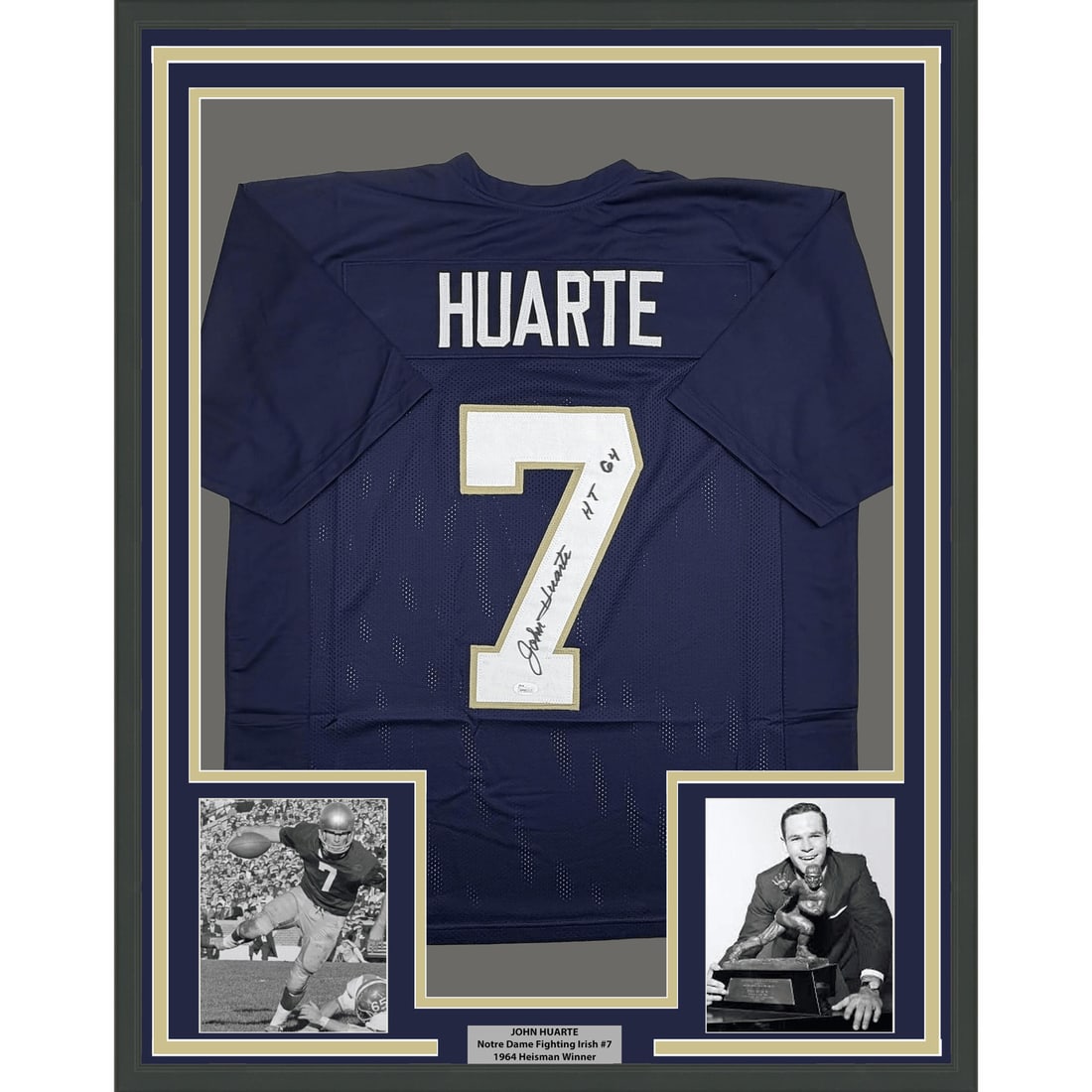 35x39 Framed John Huarte Signed Notre Dame Blue Football Jersey JSA: 35x39 Framed John Huarte Signed Notre Dame Blue Football Jersey JSA Professionally framed and matted original blue Notre Dame Fighting Irish jersey autographed by John Huarte. This football display in