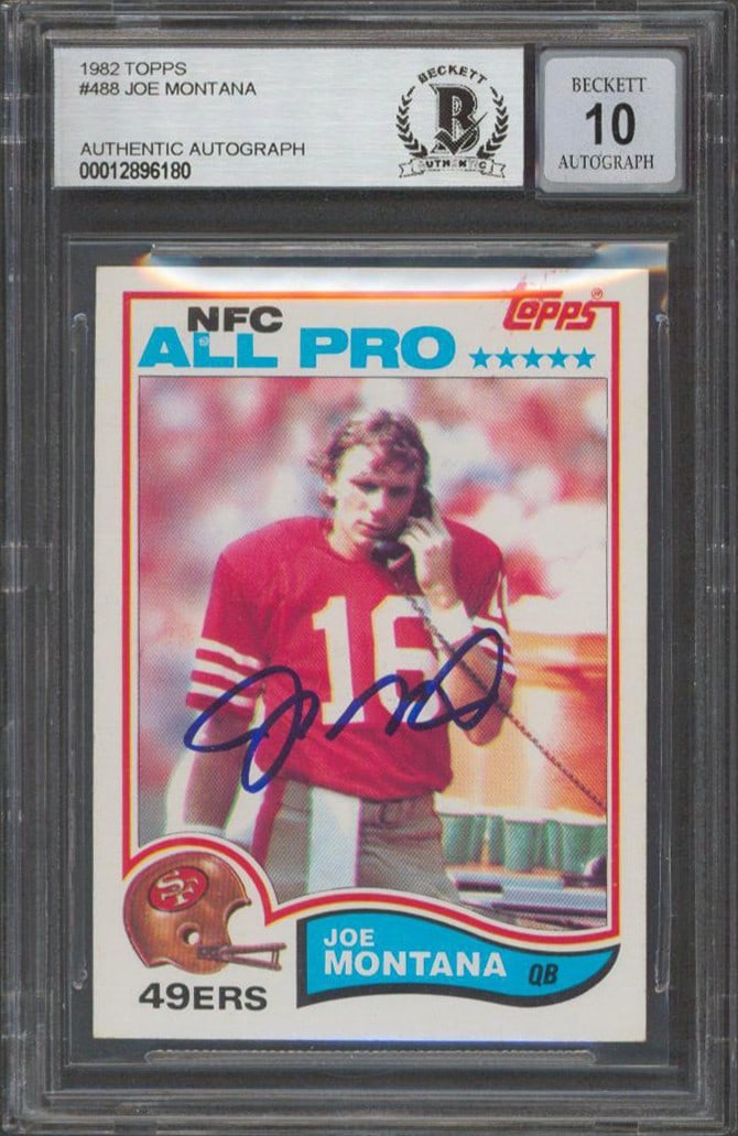 Joe Montana Signed 1982 Topps #488 Card Gem Mint 10 Beckett Authenticated: Joe Montana Signed 1982 Topps #488 Card Gem Mint 10 Beckett Authenticated Celebrate the legacy of Joe Montana with this stunning 1982 Topps #488 card, personally signed by the legendary quarterback of