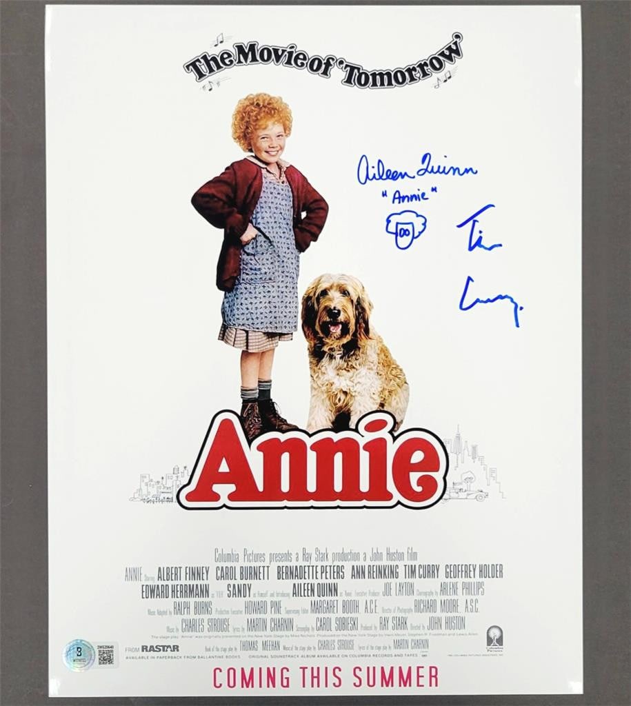 Tim Curry Signed 11x14 Annie Photo Beckett Authenticated: Tim Curry Signed 11x14 Annie Photo Beckett Authenticated This is an original 11x17 photograph from the classic movie 'Annie', signed by Tim Curry and Aileen Quinn. The autograph has been