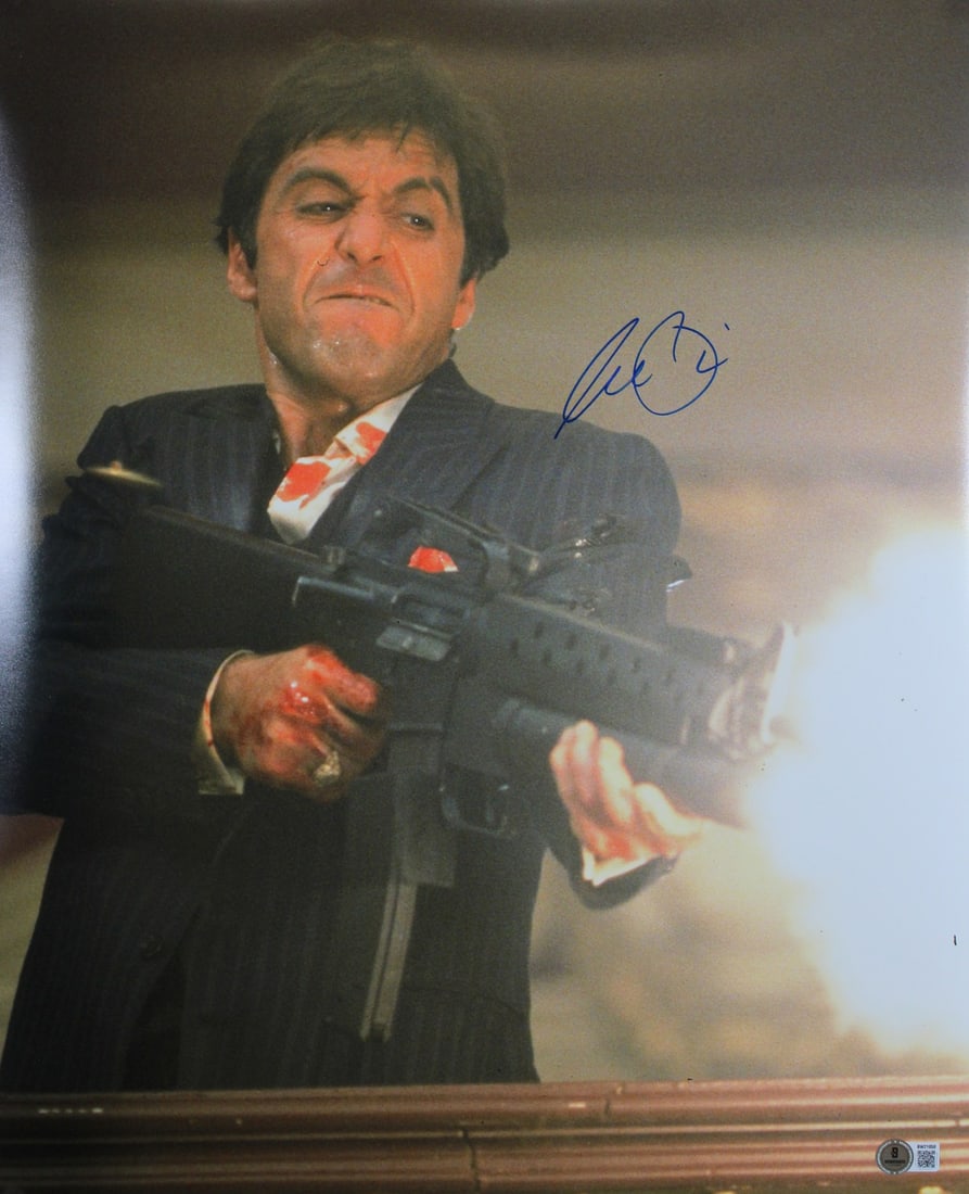 Al Pacino Signed 16x20 Scarface Photo Vertical Beckett Authenticated: Al Pacino Signed 16x20 Scarface Photo Vertical Beckett Authenticated This is a 16x20 vertical photograph from the movie Scarface, personally signed by Al Pacino. The autograph is authenticated by