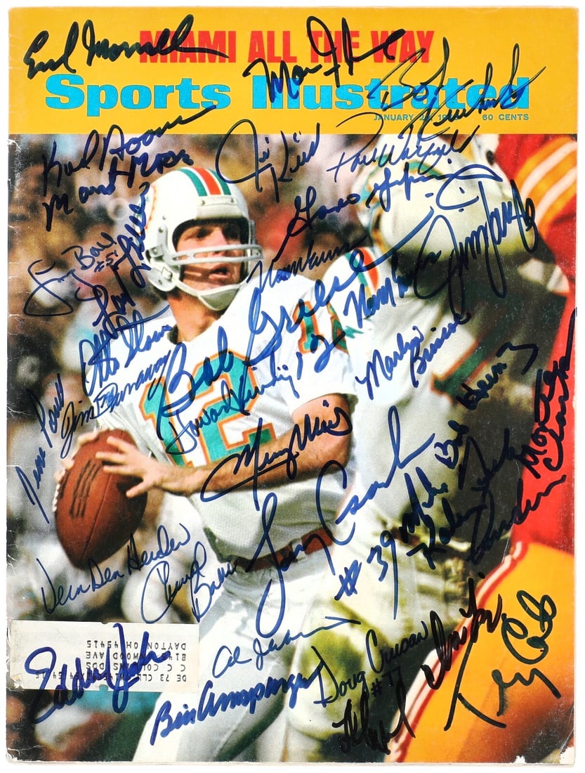 1972 Miami Dolphins Team Signed Sports Illustrated with Beckett COA: 1972 Miami Dolphins Team Signed Sports Illustrated with Beckett COA Celebrate the legendary 1972 Miami Dolphins with this vintage Sports Illustrated magazine, featuring a cover date of January 24,