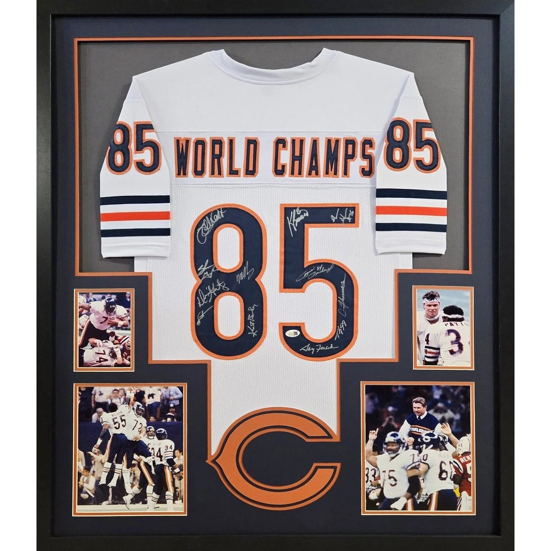Chicago Bears Framed Autographed Jersey JSA COA signed by 12: Chicago Bears Framed Autographed Jersey JSA COA signed by 12 Framed custom Chicago Bears jersey autographed by 12 members of the 1985 Bears. This piece is hand-signed by Mike Singletary, Willie Gault,