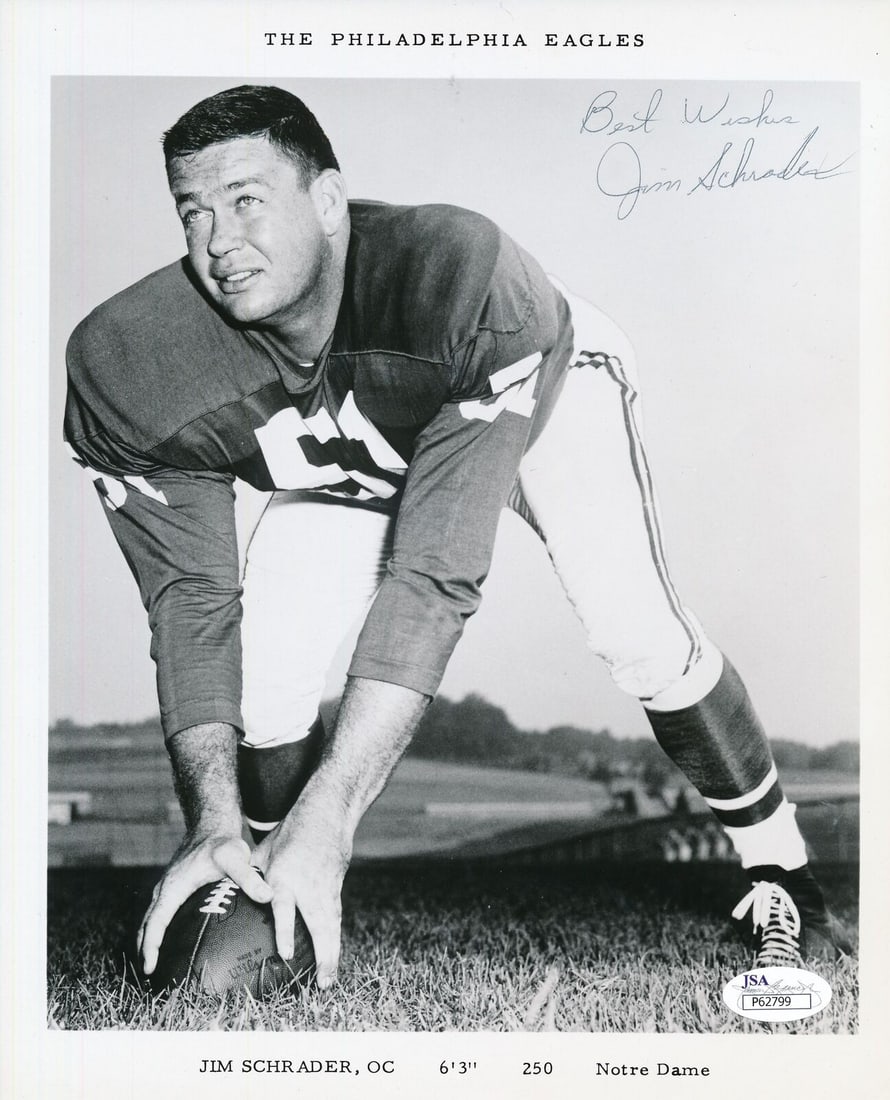 Jim Schrader Signed 8x10 Photo Eagles Redskins JSA Certified: Jim Schrader Signed 8x10 Photo Eagles Redskins JSA Certified Offered is a rare signed 8x10 black and white photo of Jim Schrader, a distinguished player for the Philadelphia Eagles and a 3-time Pro Bo