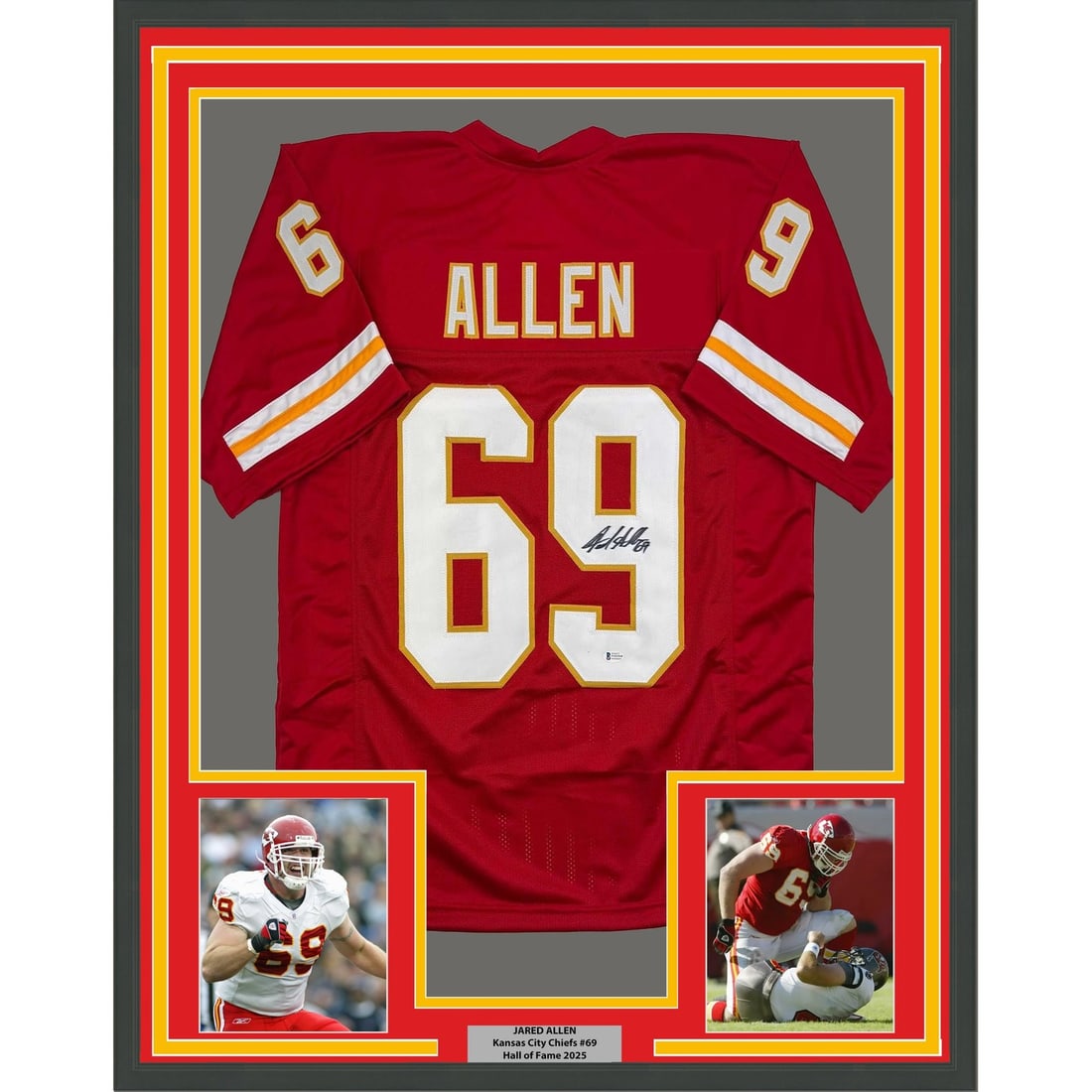 Jared Allen signed Kansas City Chiefs framed red jersey 35x39 Beckett COA: Jared Allen signed Kansas City Chiefs framed red jersey 35x39 Beckett COA Professionally framed and matted autographed Jared Allen red Kansas City jersey. This original signed football collectible inc