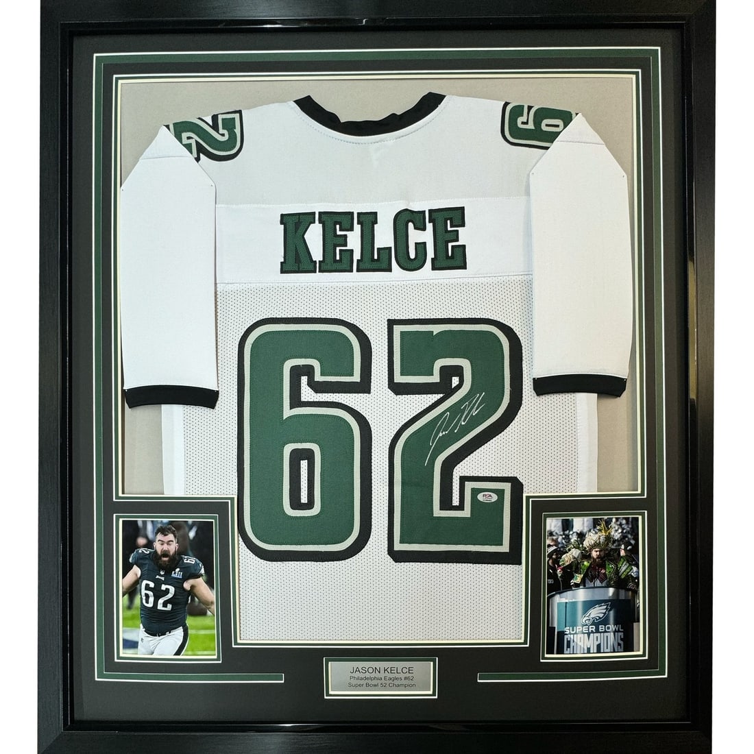 PSA authenticated Jason Kelce framed Philadelphia Eagles signed jersey 35x39: PSA authenticated Jason Kelce framed Philadelphia Eagles signed jersey 35x39 Professionally framed and matted signed Jason Kelce Philadelphia Eagles white jersey. This original autographed football di