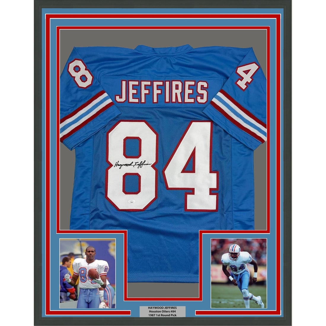 Houston Oilers Haywood Jeffires signed framed football jersey JSA 35x39: Houston Oilers Haywood Jeffires signed framed football jersey JSA 35x39 Professionally framed and matted signed Haywood Jeffires Tennessee blue jersey display with two 5x7 photos. This original autogr