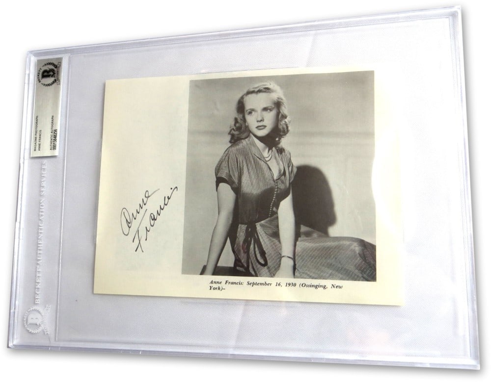 Beckett Authenticated Anne Francis Signed Magazine Photograph in Slab Case: Beckett Authenticated Anne Francis Signed Magazine Photograph in Slab Case This is an original magazine photograph autographed by legendary actress Anne Francis. The signed photo comes with authentica