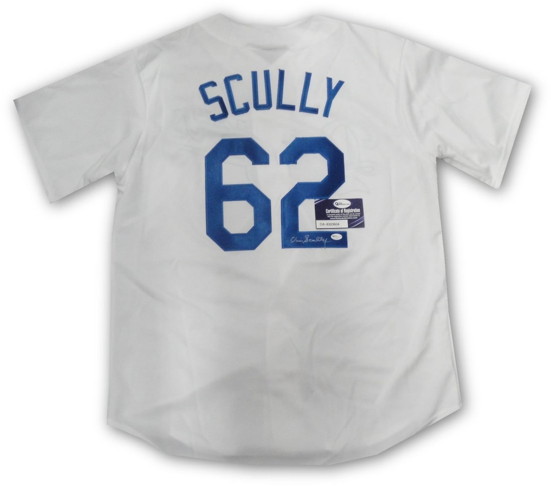 Vin Scully Autographed Dodgers Jersey #62 Online Authentic: Vin Scully Autographed Dodgers Jersey #62 Online Authentic Celebrate the legacy of Vin Scully with this authentic Los Angeles Dodgers jersey, hand-signed by the legendary broadcaster himself. This jer