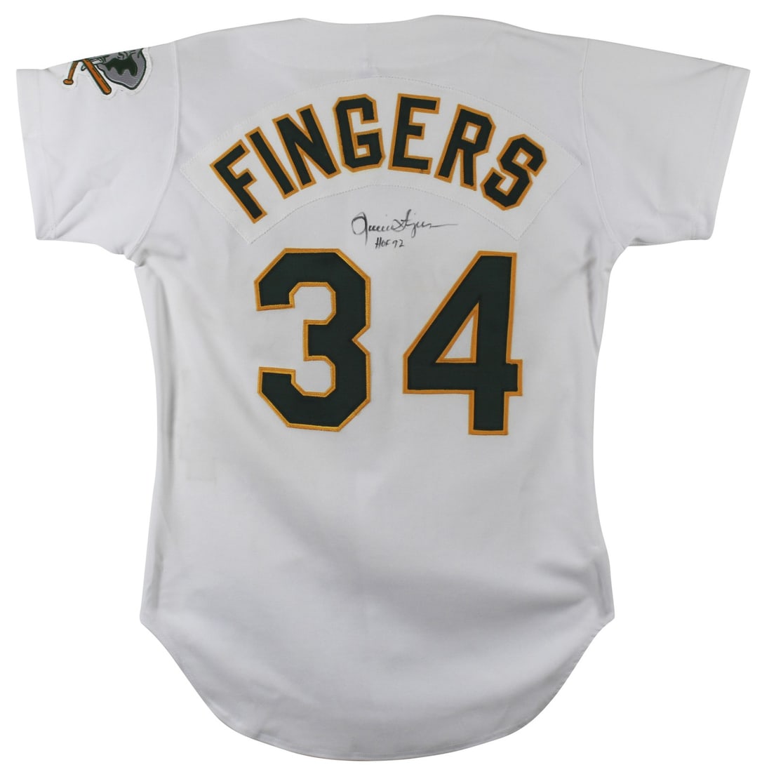 Rollie Fingers Signed Oakland Athletics Jersey HOF 92 Beckett Authenticated: Rollie Fingers Signed Oakland Athletics Jersey HOF 92 Beckett Authenticated This original, pre-owned white Russell Athletic jersey features the legendary Rollie Fingers of the Oakland Athletics. The j