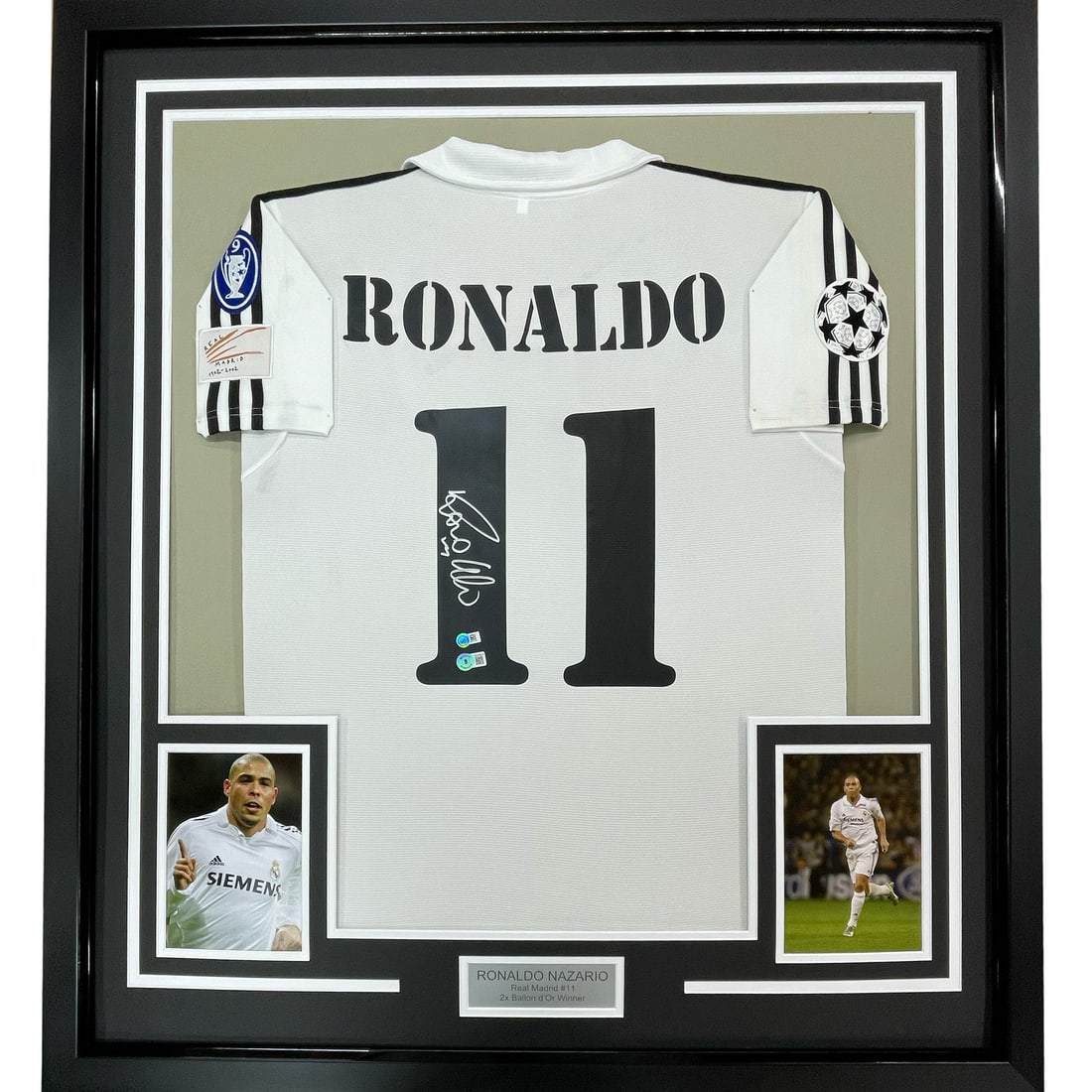 Framed Signed Ronaldo Nazario Real Madrid Jersey Beckett COA Gem Mint: Framed Signed Ronaldo Nazario Real Madrid Jersey Beckett COA Gem Mint This is a framed autographed jersey of Ronaldo Nazario, featuring the iconic Real Madrid design in white. The jersey measures 33x4