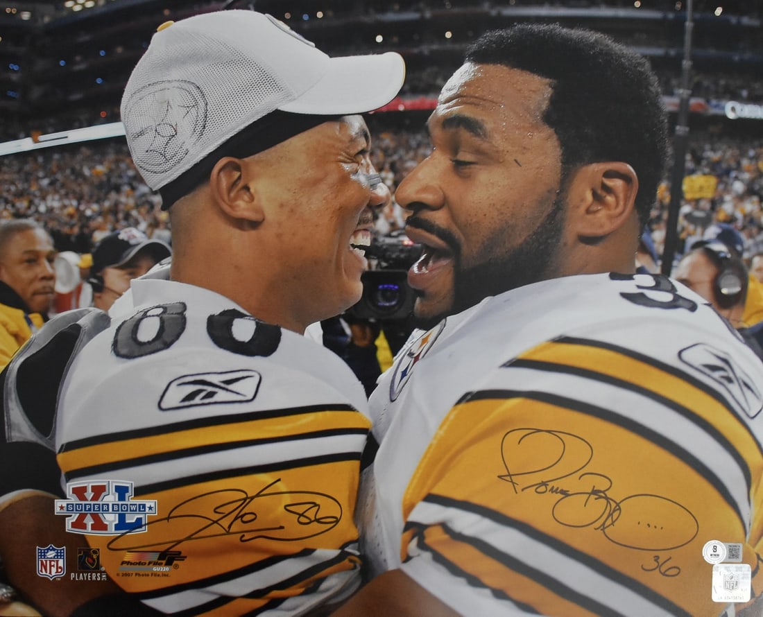 Steelers 16x20 signed photo Hines Ward Jerome Bettis BAS 212506: Steelers 16x20 signed photo Hines Ward Jerome Bettis BAS 212506 Original 16x20 football photo featuring Hines Ward and Jerome Bettis of the Steelers. This pre-owned piece is signed/autographed as stat