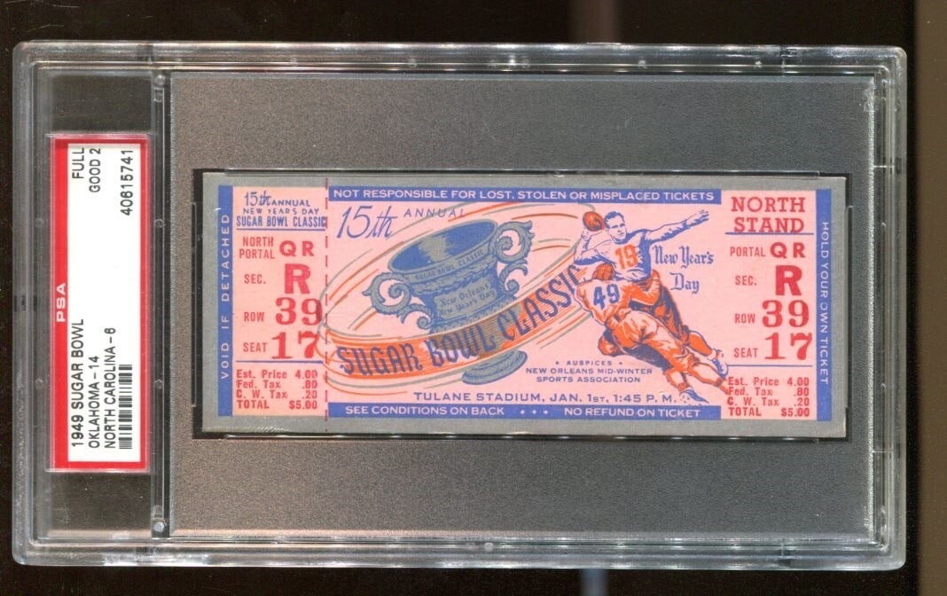 1949 Sugar Bowl Original Ticket Stub PSA Oklahoma vs North Carolina: 1949 Sugar Bowl Original Ticket Stub PSA Oklahoma vs North Carolina This is an original full ticket from the 1949 Sugar Bowl game featuring the Oklahoma Sooners versus the North Carolina Tar Heels. Th
