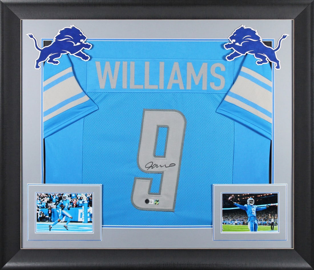 Framed Blue Pro Style Jersey Signed by Jameson Williams BAS Witnessed: Framed Blue Pro Style Jersey Signed by Jameson Williams BAS Witnessed This autographed blue pro style framed jersey has been personally signed by Jameson Williams of the Detroit Lions. It is an origin
